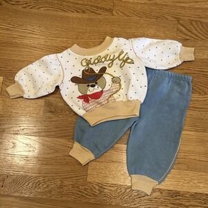 Vtg Hopscotch Blue Cowboy Western Print Boys Sweater Sweatshirt 70s 80s 12M